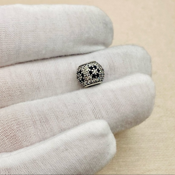 EUC Pandora 791170NCK Silver Shimmering Blossom Bead w/ Clear & Black Pave CZ - Picture 3 of 6